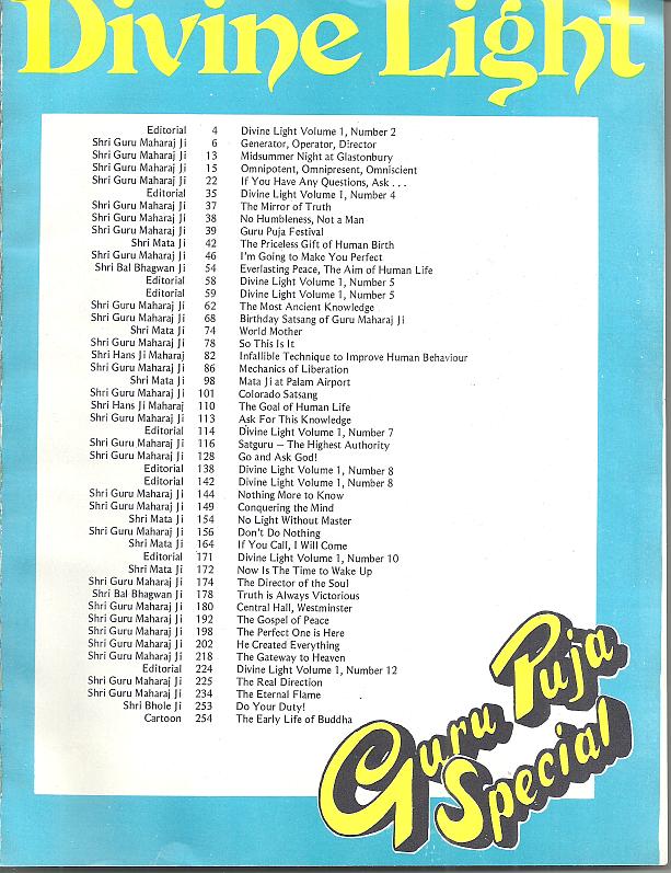 Divine Light magazine Guru Puja Special 1973 Contents