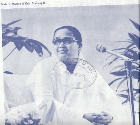 Mata Ji, mother of Prem Rawat (aka Guru Maharaj Ji) in 1974