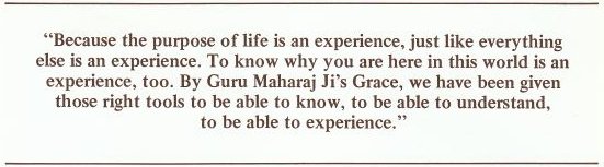 Because the purpose of life is an experience, just like everything else is an experience. To know why you are here in this world is an experience, too. By Guru Maharaj Ji's Grace, we have been given those right tools to be able to know, to be able to understand, to be able to experience.