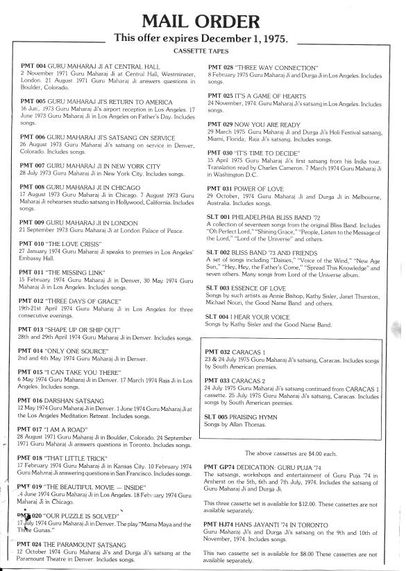 Divine Light Mission Mail Order Ads, 1975